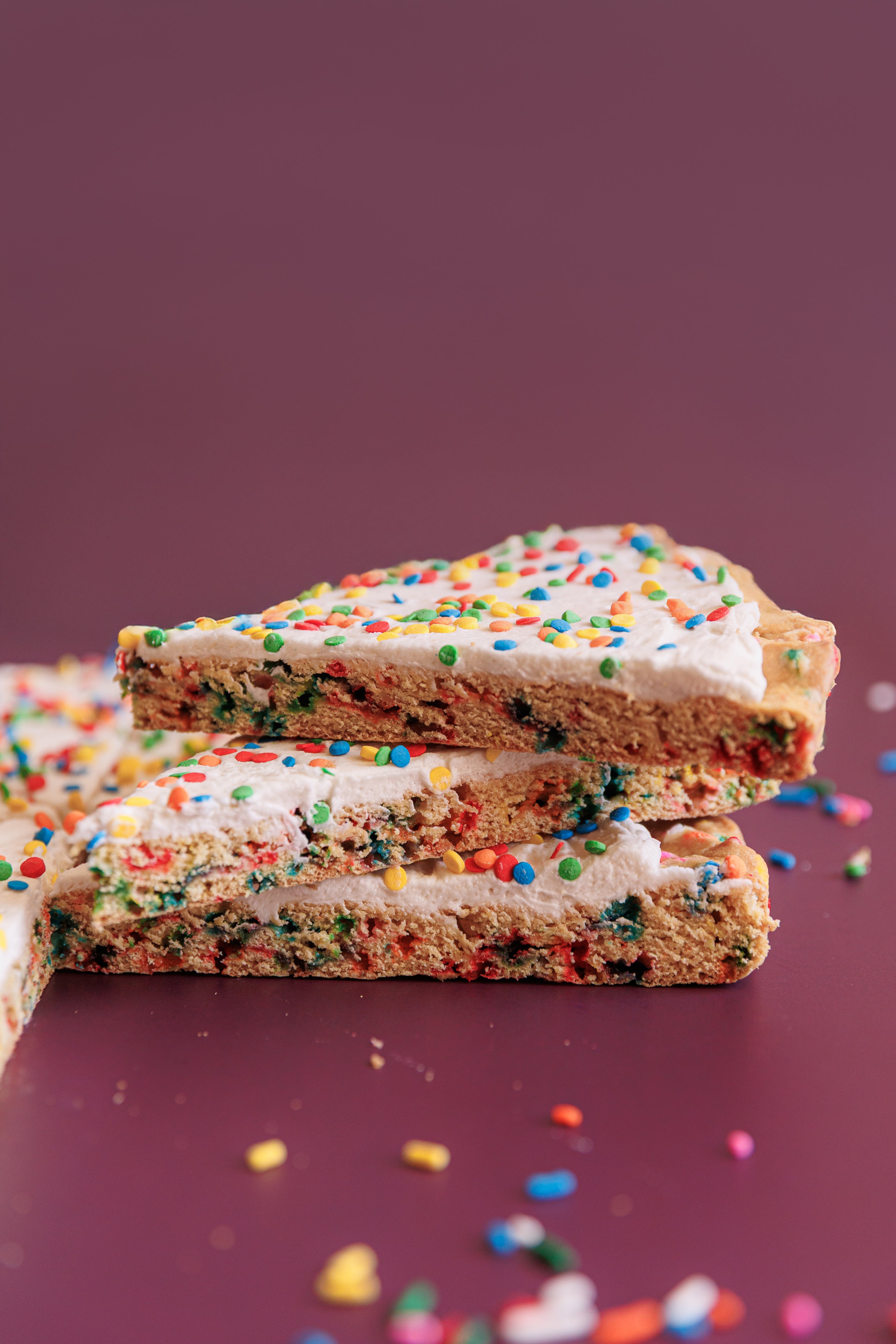Funfetti of Destruction cookie pizza with birthday cake flavor slices stacked