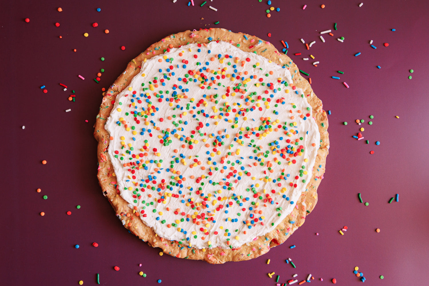 Whole Funfetti of Destruction cookie pizza with birthday cake flavor
